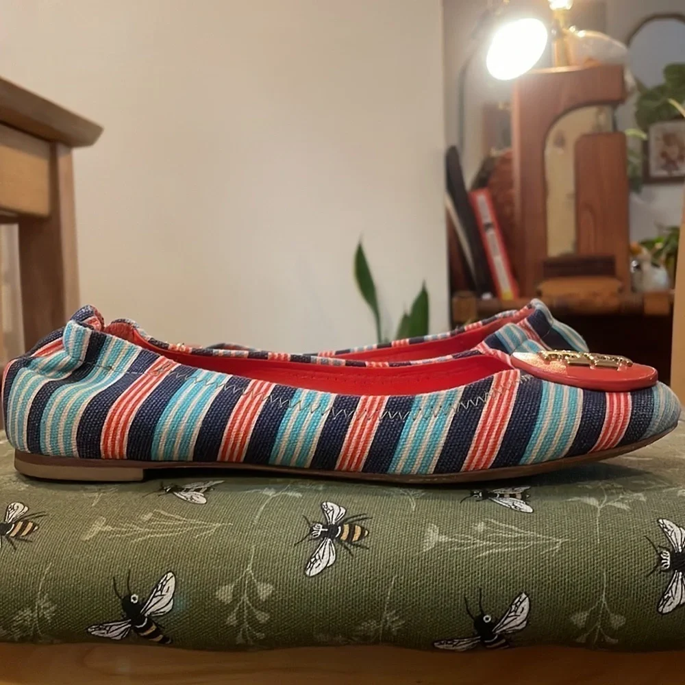 Tory Burch Reva Bauer Stripe A/Habenero Pepper multicolored Ballet Flats sz 6.5